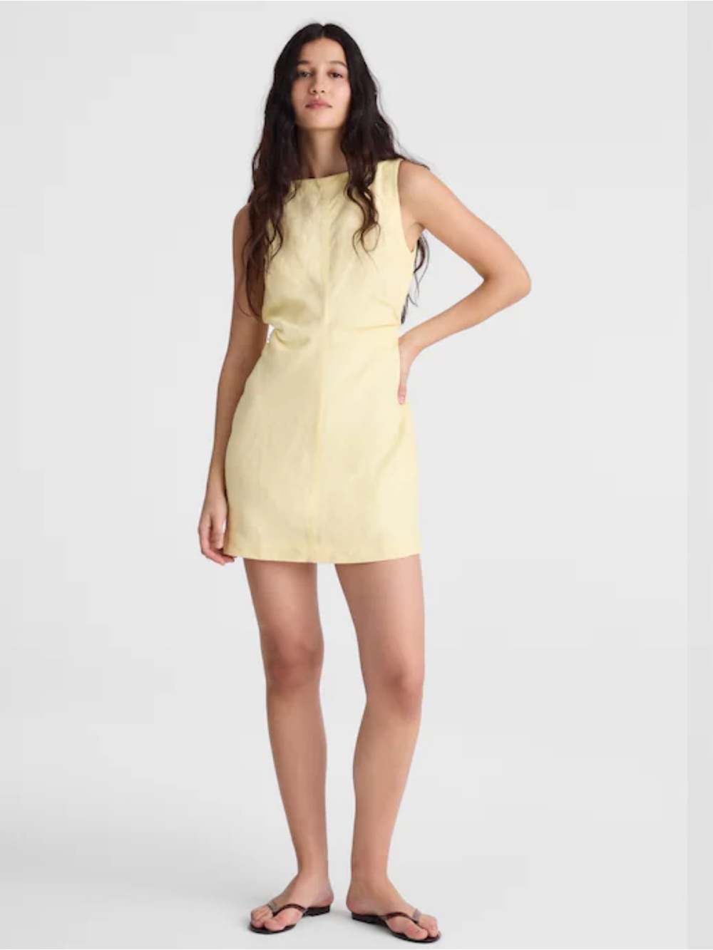 Boatneck Shirred Mini Dress in 100% Linen
